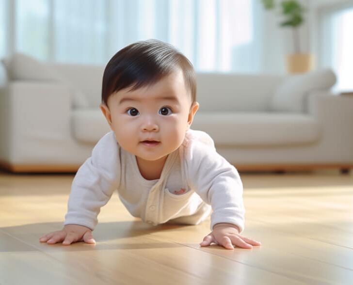 An adorable baby crawling in circles on a soft play mat, exploring the world with curious eyes and a heart full of joy.