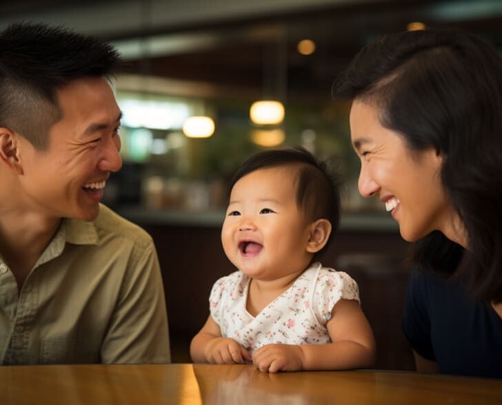 Happy parents enjoying a restaurant moment with their smiling baby, embracing the uniqueness of baby babble and diverse vocal expressions.